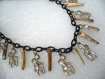Vintage early plastic wood metal “good luck” charms art deco necklace