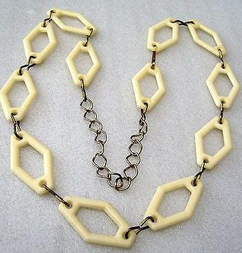 Vintage 1960's off white early plastic & metal geometric necklace