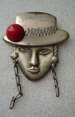 Vintage stylized face with hat early plastic & metal pin / brooch