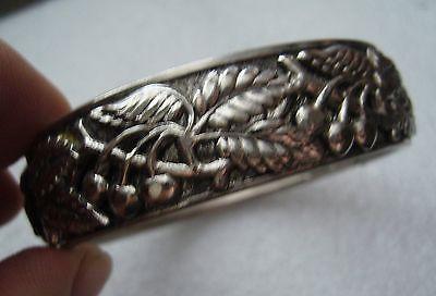 Vintage silver tone clamper bracelet bangle 1970s leaves and cherries