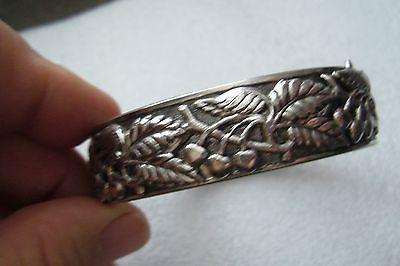 Vintage silver tone clamper bracelet bangle 1970s leaves and cherries