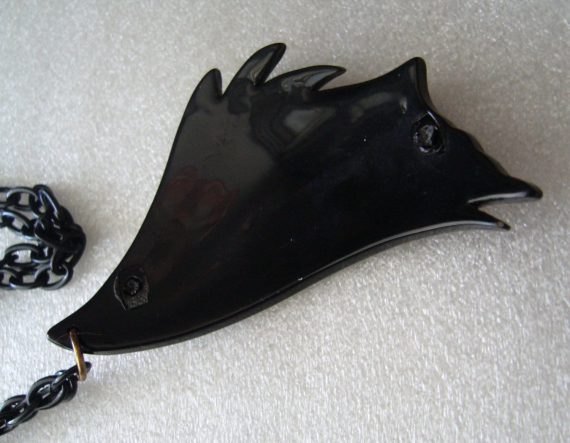 Vintage French black early plastic rhinestones lightweight pendant necklace