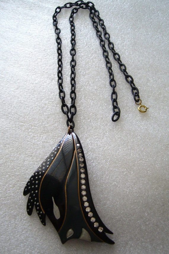 Vintage French black early plastic rhinestones lightweight pendant necklace