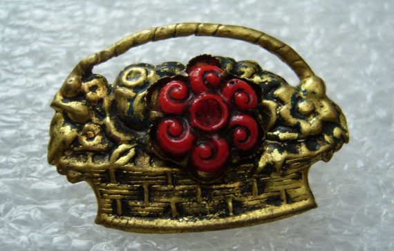 Vintage 1950's tin or copper flowers' basket pin brooch