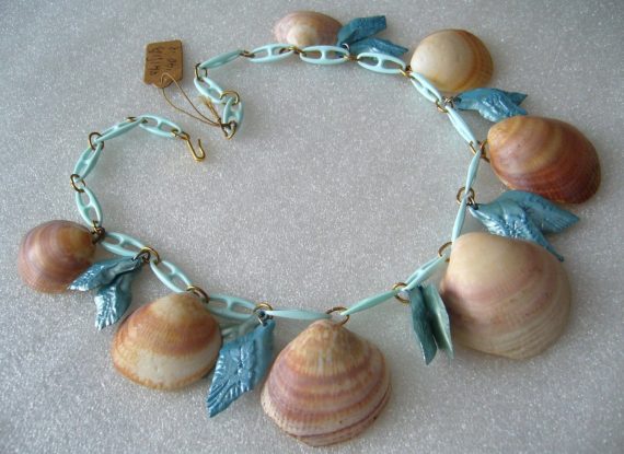 Vintage celluloid  & real shells light blue necklace