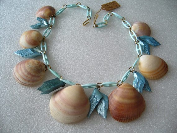 Vintage celluloid  & real shells light blue necklace