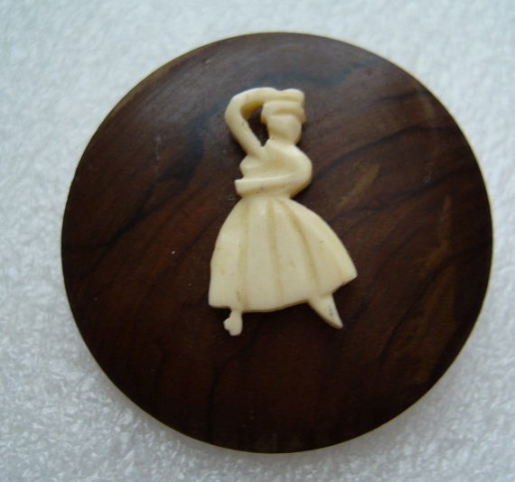 Vintage Israeli olive wood & celluloid ballerina dancer brooch