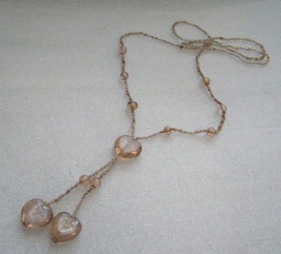 Vintage old antique pink glass hearts and tiny beads flapper necklace