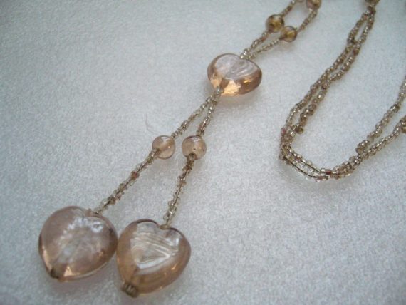 Vintage old antique pink glass hearts and tiny beads flapper necklace