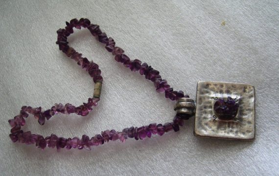 Vintage silver-tone pendant on amethist chain  necklace -  Israeli design signed Avgad