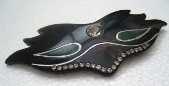 Vintage French early plastic & rhinestones mask pin / brooch