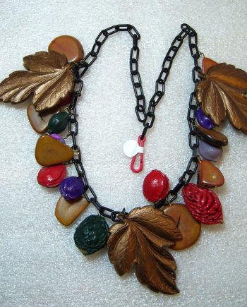 Vintage celluloid huge leaves & hand painted seeds & kernels necklace