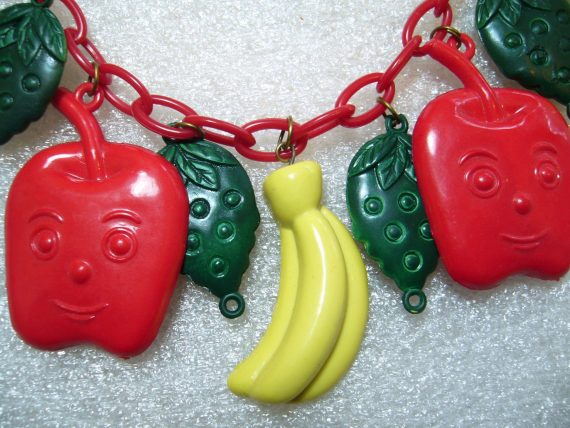 Vintage early plastic apples, bananas & strawberries necklace