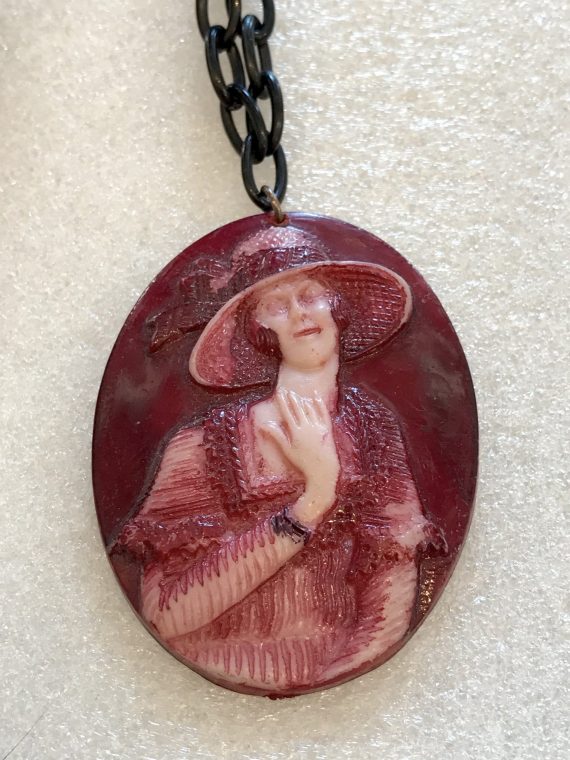 Vintage early plastic hand painted cameo pendant necklace made in Israel