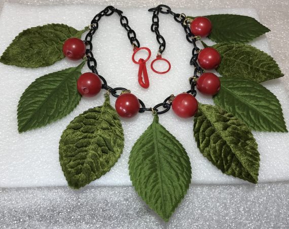 Vintage early plastic & fabric cherries and leaves necklace