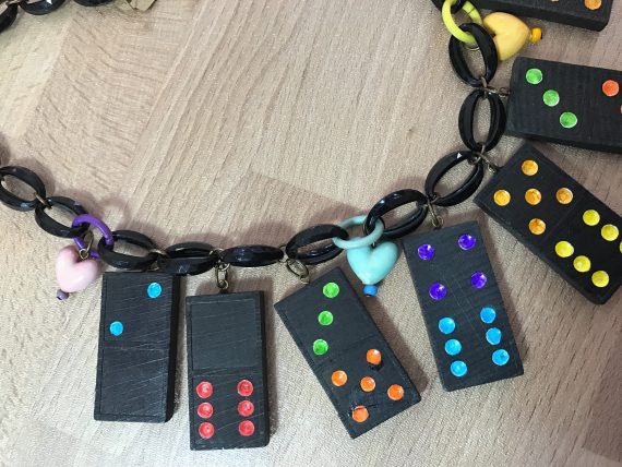 Vintage multicolor wood domino and early plastic hearts necklace bakelite style