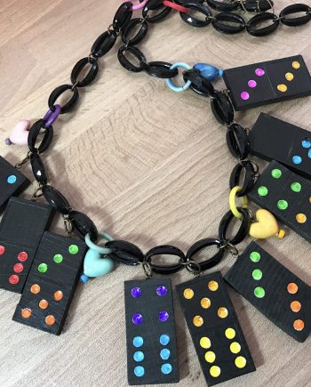 Vintage multicolor wood domino and early plastic hearts necklace bakelite style