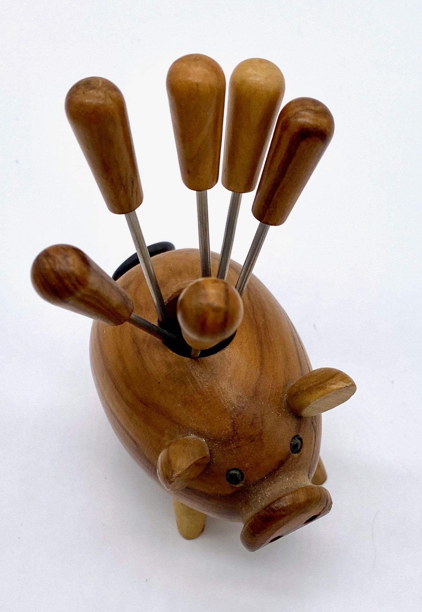 Vintage olive wood cocktail party pig 1960’s sticks / picks / forks