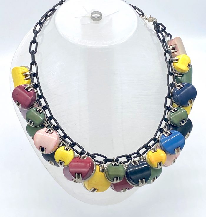 Vintage early plastic galalith art deco multi colour dangles necklace ...