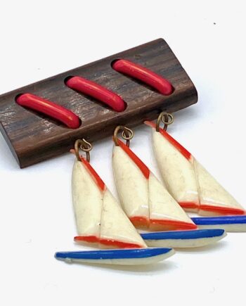 Vintage hand painted celluloid  and galalith nautical dangling boats pin brooch